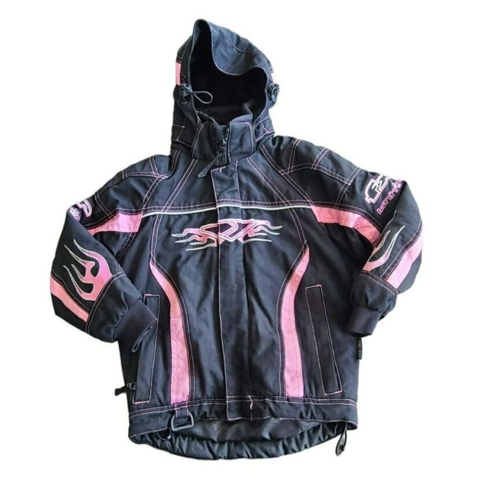 FXR Racing Ignitor Kids Snowmobile Jacket Black Pink Flame Hooded Size 4